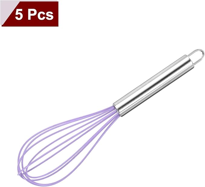 HARFINGTON 5Pcs Silicone Whisk 10" Kitchen Whisk Wire Whisks Beater with Stainless Steel Handle for Egg Milk Whisking Blending Beating & Stirring, Purple