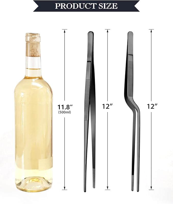 SouxMux 12-inch Cooking Tweezer and Offset Tweezer Set, Tongs with Serrated Tips, Stainless Steel, Black, 2pcs