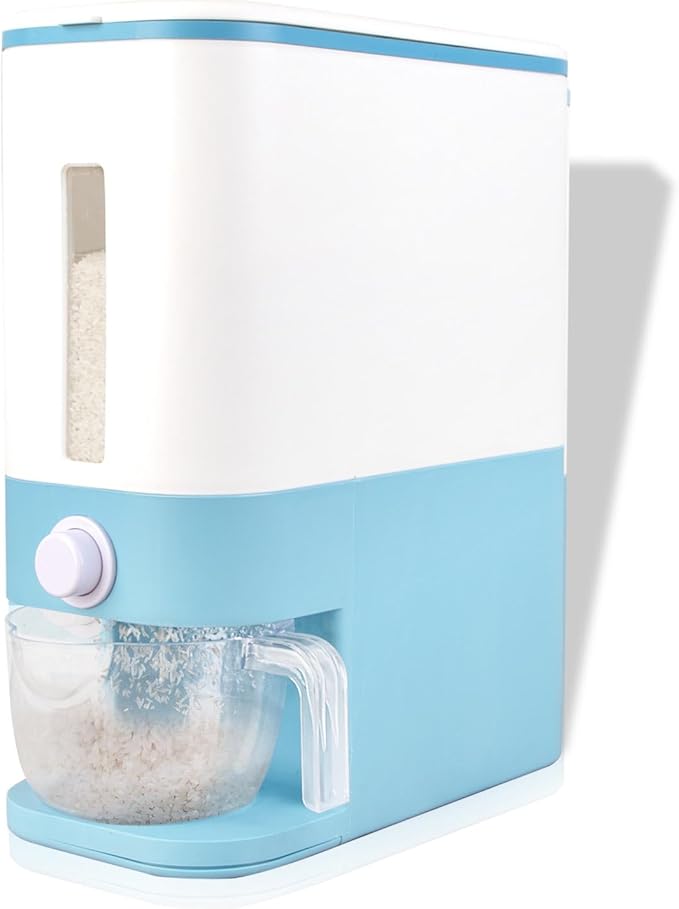 Rubtlamp Rice Dispenser, 20Lbs Rice Container, Large Rice Storage Container with Measuring Cup, Cereal Dry Food Storage Dispenser with Lid, Moisture Proof Household Food Dispenser Bucket(Blue)