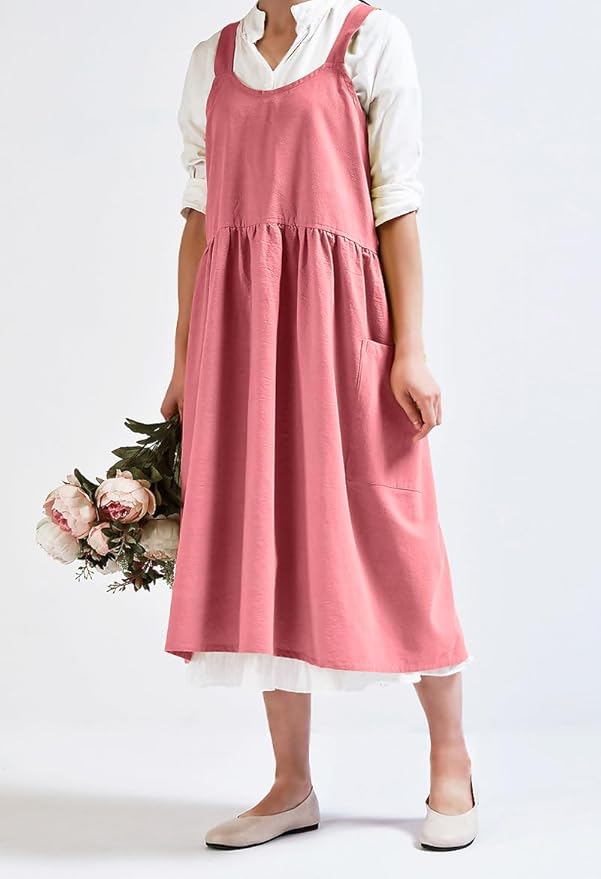 Uaussi Cotton Linen Apron Cross Back Work Apron for Women with Pockets Pinafore Dress X Cross Halter Apron for Chef Gardening