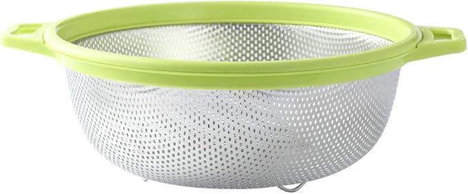 HiramWare Stainless Steel Colander With Handle and Legs, Large Metal Green Strainer for Pasta, Spaghetti, Berry, Veggies, Fruits, Noodles, Salads, 5-quart 10.5” Kitchen Mesh Colander, Dishwasher Safe