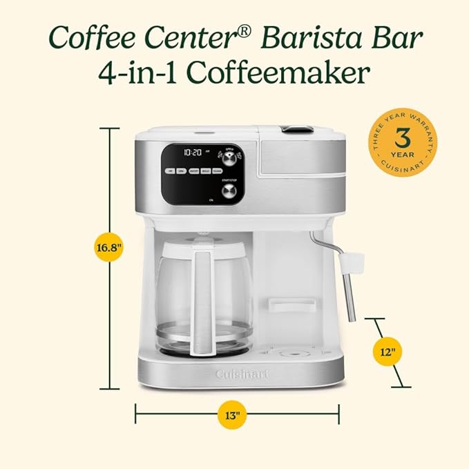 Cuisinart Coffee Center Barista Bar 4-in-1 Coffee Maker, Single-Serve Pods Compatible, Coffeemaker, Three Brewing Sizes, SS-4N1WNAS, White