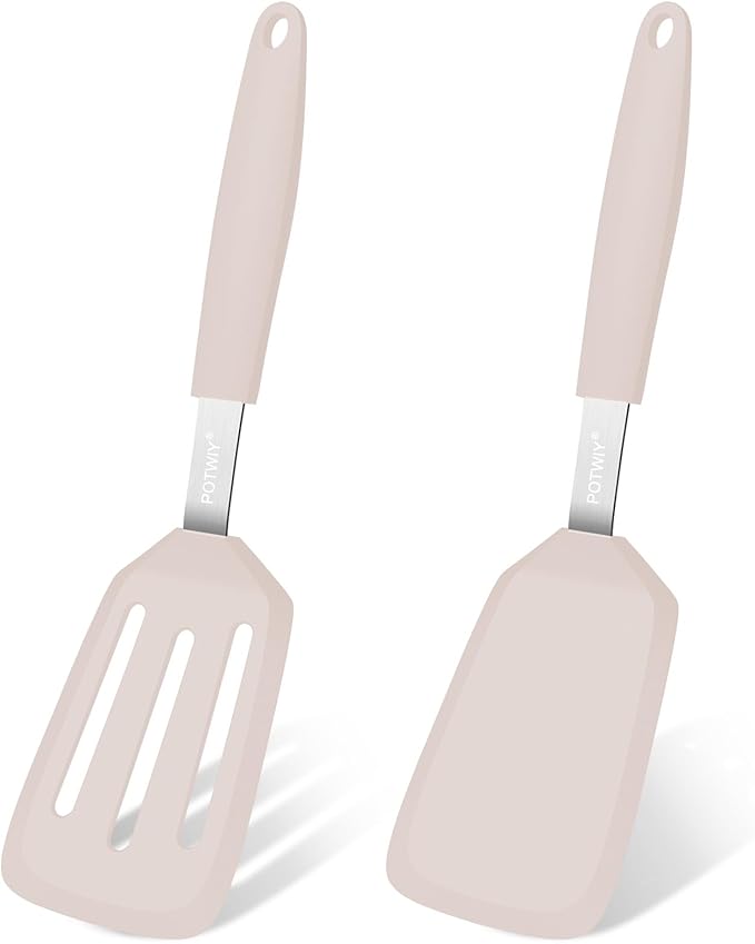 2 Pack Silicone Spatula Set, 600°F Heat Resistant Kitchen Spatula, BPA Free Solid & Slotted Turner, Flexible Cooking Utensils for Non Stick Frying Pan, Flipper for Eggs and Pancakes (Khaki)