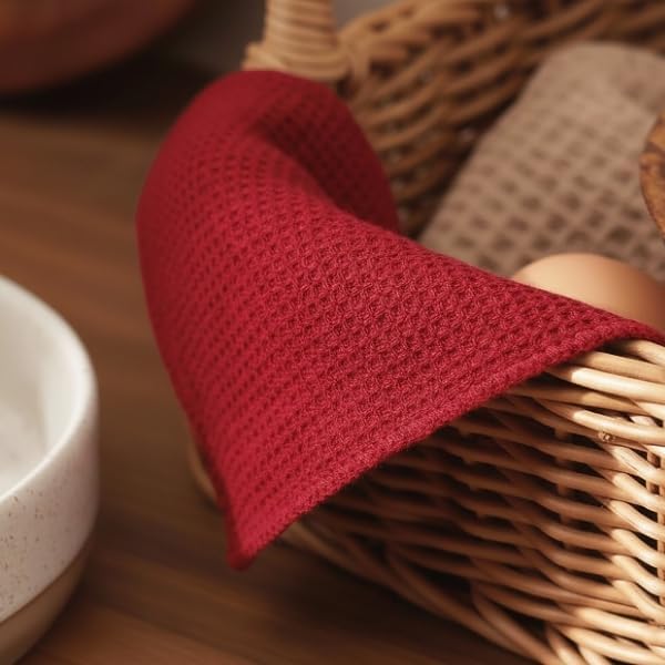 PurpleEssences Dish Cloths and Dish Rags - 8 Pack Waffle Weave Solid Kitchen Dish Wash Cloths, 100% Cotton, 12x12 Inches, Ultra Soft Absorbent Quick Drying - Spring Easter Summer - Red