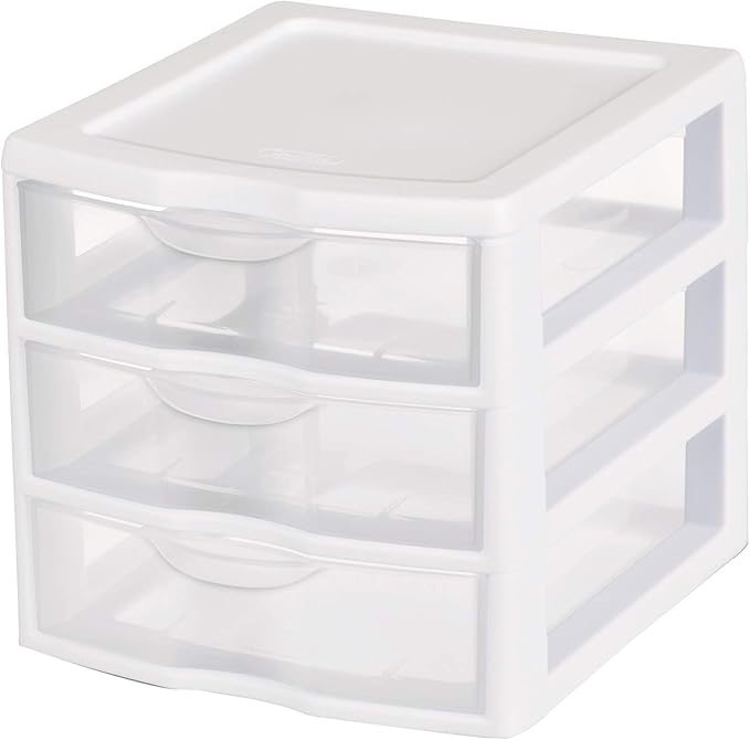 Tribello 3 Drawer Plastic Storage, Mini Drawer Unit, White Frame With Clear Drawers for Craft Storage - 10"L X 7.5"W X 8"H Inches - (2 Pack)