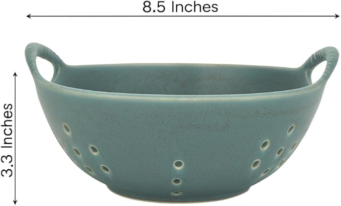 Matte Glaze Ceramic Berry Colander Bowl with Handles – 8.5" Handle-to-Handle × 8" Bowl Dia × 3.3" High – Rustic Stoneware Drain Bowl for Fruit, Berries, and Kitchen Decor (Matte Green)