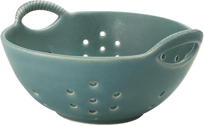 Matte Glaze Ceramic Berry Colander Bowl with Handles – 8.5" Handle-to-Handle × 8" Bowl Dia × 3.3" High – Rustic Stoneware Drain Bowl for Fruit, Berries, and Kitchen Decor (Matte Green)