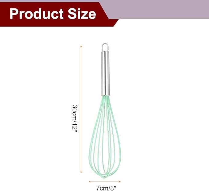 HARFINGTON 5Pcs Silicone Whisk 12" Kitchen Whisk Wire Whisks Beater with Stainless Steel Handle for Egg Milk Whisking Blending Beating & Stirring, Green