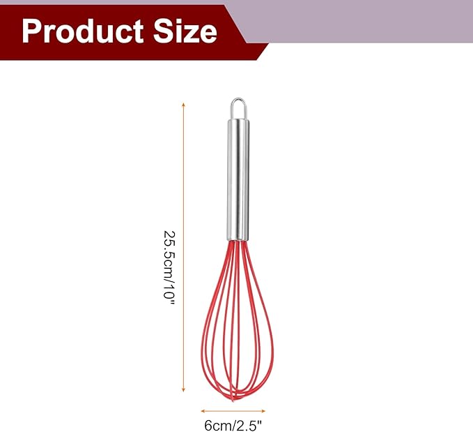 HARFINGTON 5Pcs Silicone Whisk 10" Kitchen Whisk Wire Whisks Beater with Stainless Steel Handle for Egg Milk Whisking Blending Beating & Stirring, Red
