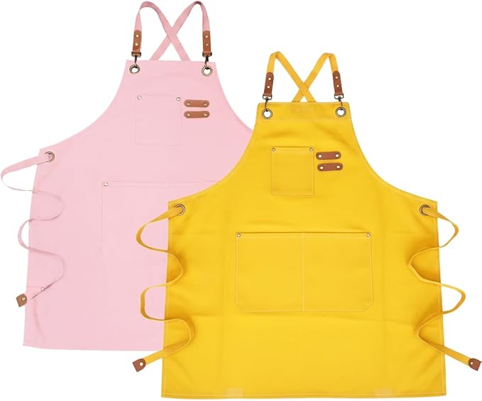 Chef Apron with Large Pockets for Women Men, Cotton Canvas Cross Back Water Repellent Adjustable Work Apron