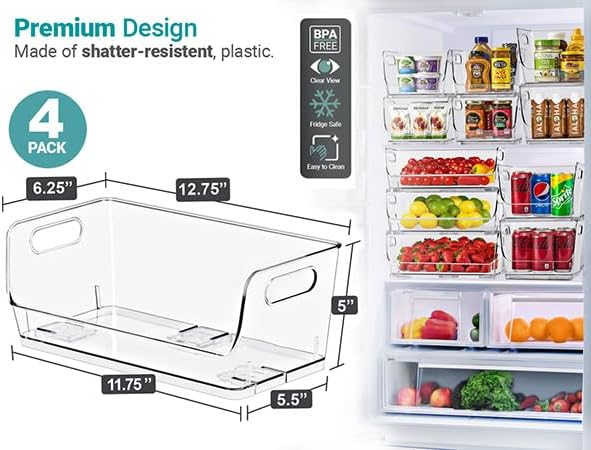 Sorbus Stackable Storage Bins Open Front, Clear Stackable Storage Bins, Pantry Bins for Storage and Organization, Acrylic Stackable Bins for Kitchen, Clear Pantry Organizer Bins (Small Wide 4 Pack)