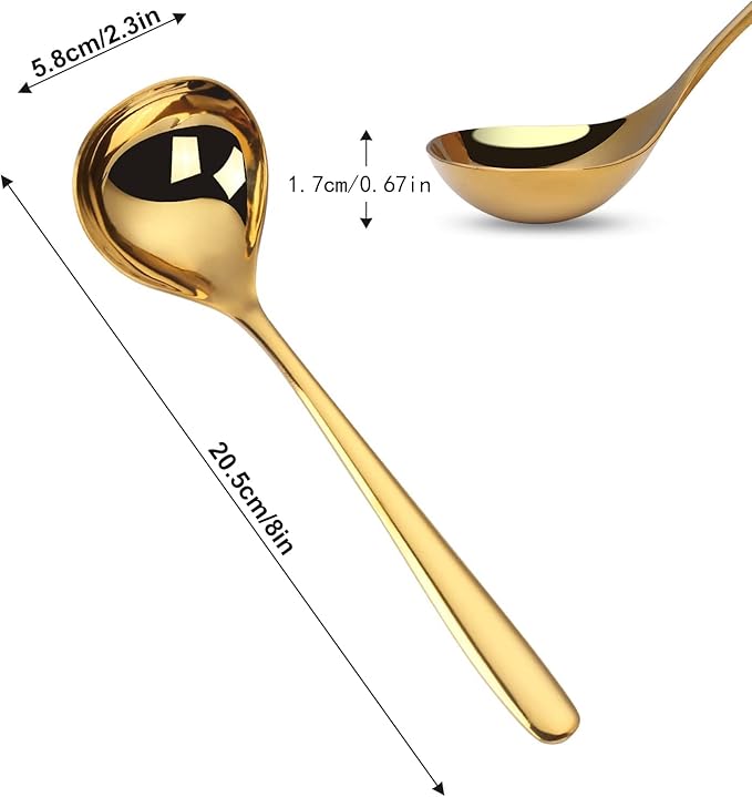 Comicfs 2 Pack Gold Gravy Ladle, SUS 304 Stainless Steel Soup Ladle, Small Soup Ladle, Sauce Ladles, Small Serving Ladles for Stirring, Mirror finished Soup Spoon and Dishwasher Safe 8-Inch (Gold)