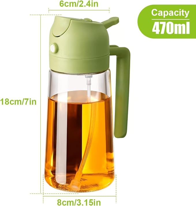 3 Pack 16oz/470 ml Olive Oil Dispenser Bottle 2 in 1 Clear Glass Oil Sprayer and Container Refillable Vinegar Dispenser with Automatic Cap Portable Spray Bottle for Cooking Baking Green