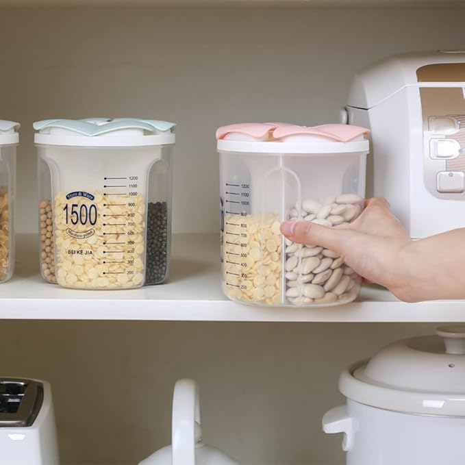 Airtight Kitchen Food Storage Container, Leak-Proof BPA Free Plastic Plastic Dry Cereal Dispensers Containers with Durable Lids for Flour, Sugar, Rice (1500ml-3 Grid)