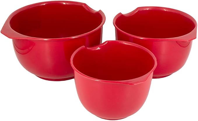 Glad Mixing Bowls with Pour Spout, Set of 3 | Nesting Design Saves Space | Non-Slip, BPA Free, Dishwasher Safe Plastic | Kitchen Cooking and Baking Supplies, Red