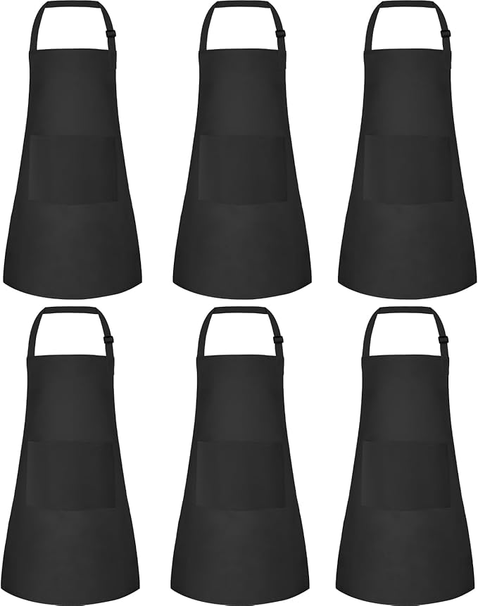 6 Pack Kids Apron bulk with 2 Pockets Adjustable Chef Art Apron Kids Painting Aprons for Cooking Baking Painting Crafting Grilling Activity（Black）