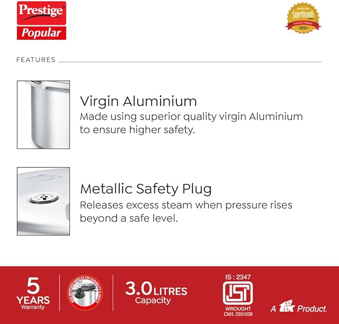 Prestige PRP3 Pressure Cooker, 3 Liter, Silver, Aluminum