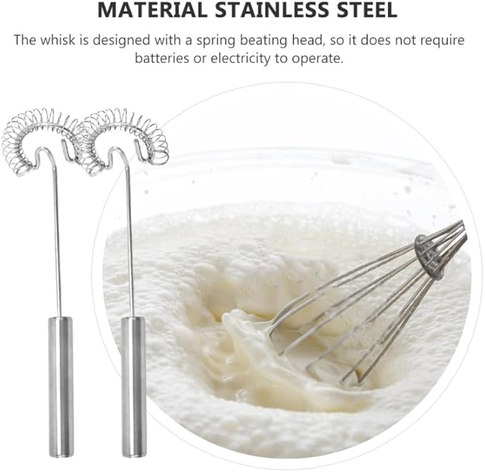 BESTonZON Manual Milk Frother and Egg Beater Handheld Whisk Stainless Steel Kitchen Mixer for Coffee Latte Hot Chocolate 2 Pack