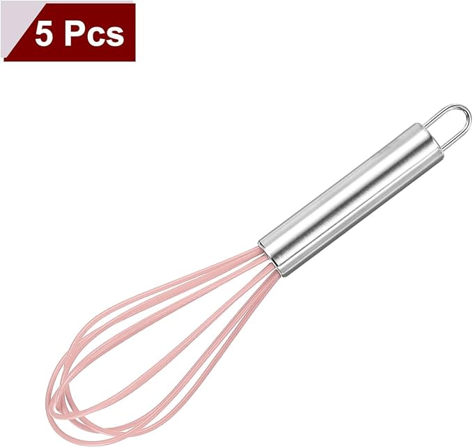 HARFINGTON 5Pcs Silicone Whisk 8" Kitchen Whisk Wire Whisks Beater with Stainless Steel Handle for Egg Milk Whisking Blending Beating & Stirring, Pink