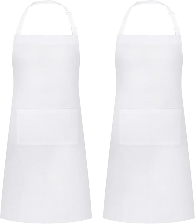 2 Packs White Apron, Adjustable Cooking Aprons, Waterdrop Resistant Kitchen Aprons for Women Men Chef, BBQ Drawing(White,2)