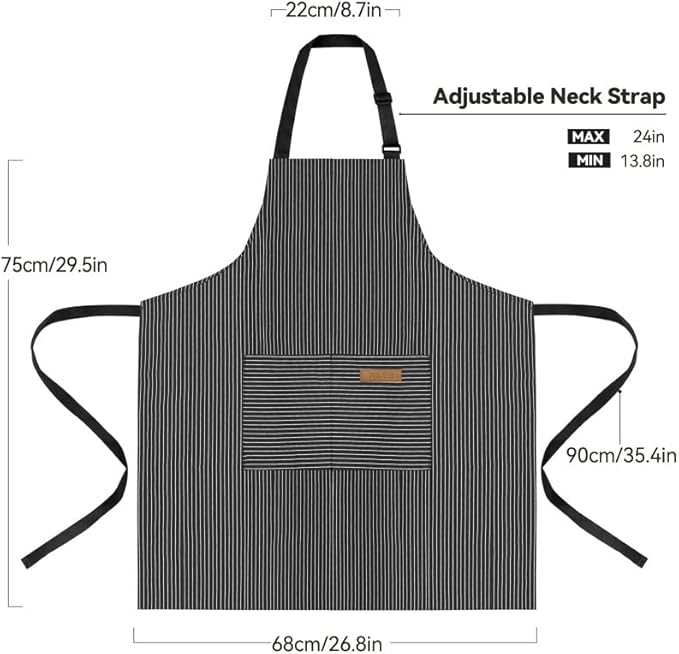 NLUS 2 Pack Kitchen Cooking Aprons, Adjustable Bib Soft Chef Apron with 2 Pockets for Men Women (Black Pinstripes/Pink Pinstripes)