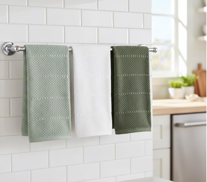 Sage White Dark Green Kitchen Hand Dish Towels: Oversized 28" x 18",100% Cotton Cloth Soft Cleaning Drying Absorbent Textured Design, Set of 3 Multipurpose for Everyday Use (Natural Collection)