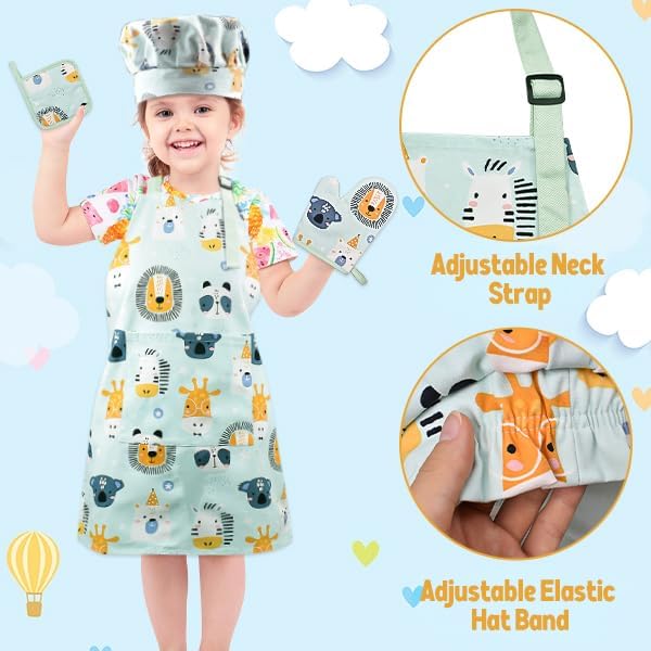 Kids Apron Adjustable Strap for Boys and Girls 100% Cotton, Toddler Chef Apron with Pocket for Kitchen Cooking