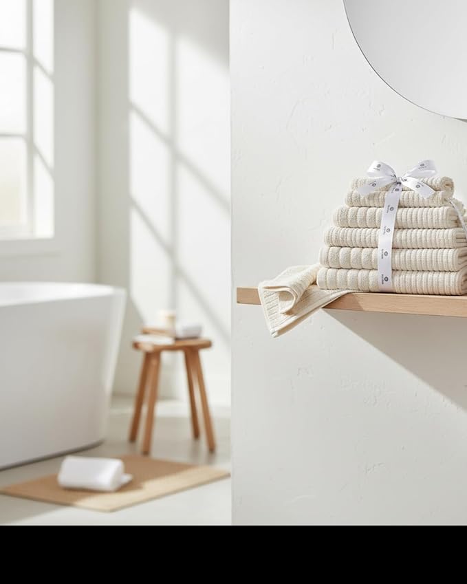BIOLINEN 6-Piece Luxury Towel Set Ivory - 2 Bath Towels, 2 Hand Towels, 2 Washcloths - Soft Absorbent Cotton Towel Pack for Bathroom, Home, Gym & Travel