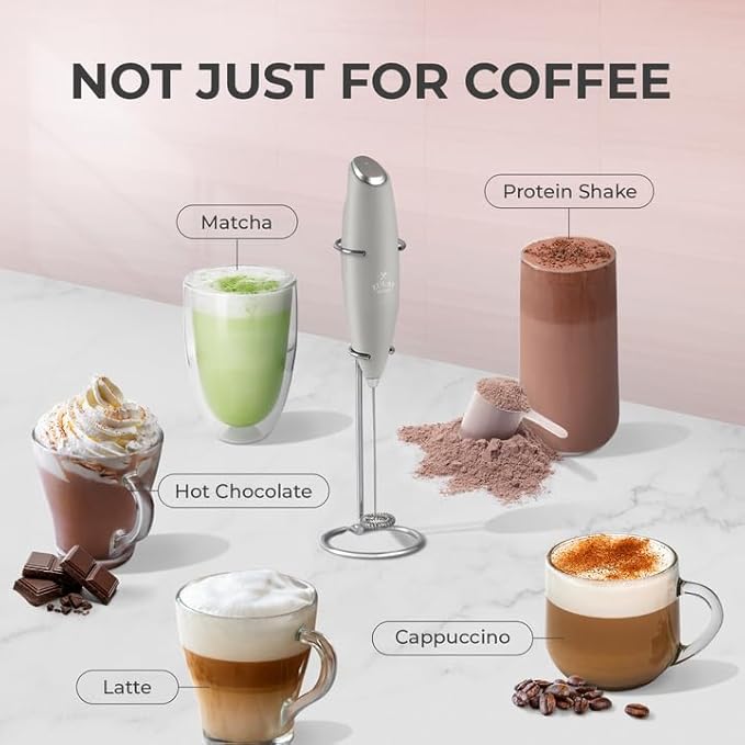 Zulay Kitchen Powerful Milk Frother Wand With 4 AA Duracell Batteries - Ultra Fast Handheld Drink Mixer - Electric Whisk Foam Maker for Coffee, Lattes, Cappuccino, Matcha & Creamer - Light Gray