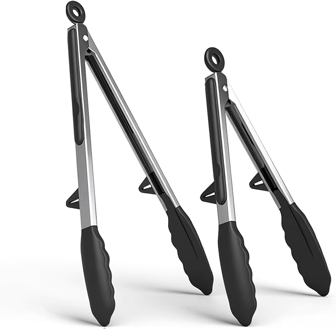 Kitchen Tongs Set of 2 (9” & 12”) – Stainless Steel & Silicone Cooking Tongs with Built-in Stand & Dishwasher Safe – Heat Resistant up to 600°F – Perfect for Grilling, BBQ, Salad & Frying