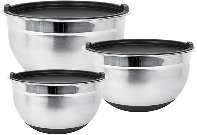 Stainless Steel Mixing Bowls with Lids and Non Slip Bases (Set of 3, Black)