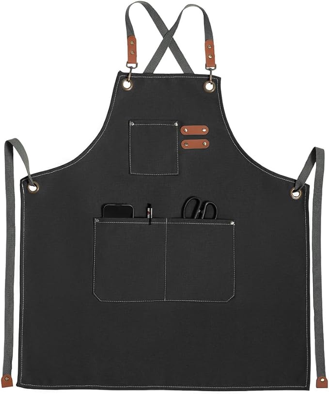 Chef Apron for Women Men with Pockets, Cotton Canvas Cross Back Adjustable Gardening Apron