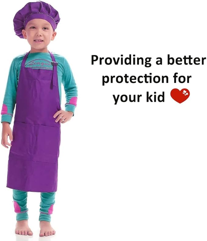 6 Pack Adjustable Kids Apron and Chef Hat for Cooking Baking Painting Art, Kids Apron for Girl Boy with 2 Pockets