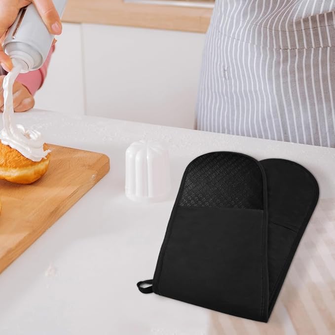 AUAUY Black Double Oven Mitts, 250°C/482°F Heat Resistant BBQ Mittens with Ropes, Silicone Non-Slip Design Kitchen Mittens, Cooking Glove Top Kitchen Gadgets for Cooking Baking Grilling