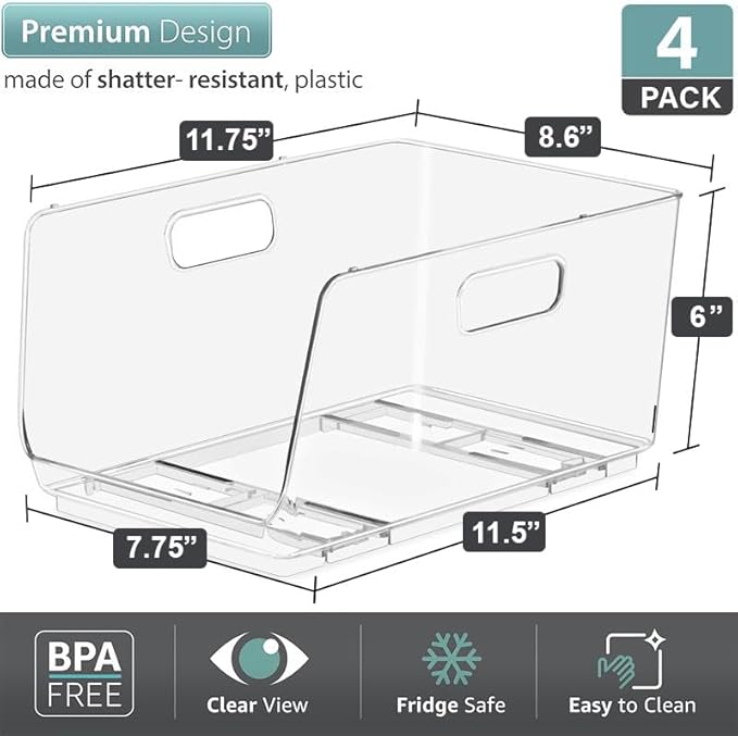 Sorbus Stackable Storage Bins Open Front - Pantry Bins for Storage and Organization for Kitchen - Clear Pantry Organizer Bins (Medium 4 Pack)