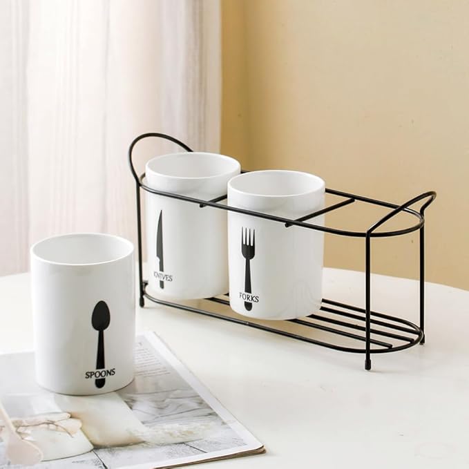 3-Piece White Ceramic Silverware Holder for Party Countertop, Utensil Holder with Black Metal Rack Flatware Caddy Cutlery Storage Organizer for Kitchen Table (White+Black B)
