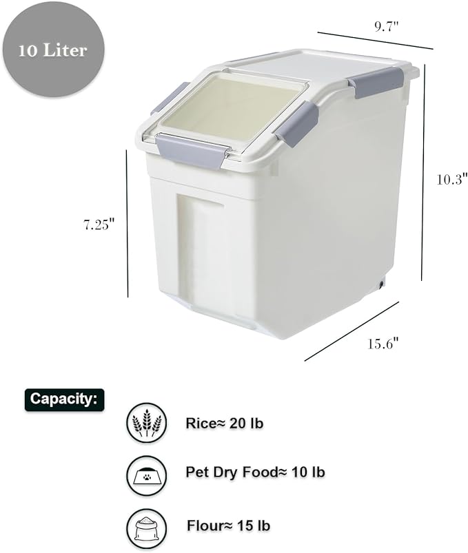 HANAMYA 10 Liter / 20 lbs Rice Storage Container with Measuring Cup, BPA free, For Rice | Grain | Pet Food | Flour, 1 count, White