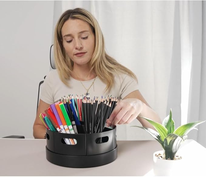 PUZZLE EZ Black Rotating Desk Organizer Lazy Susan Caddies for Home School Office Supplies, Pens, Markers and Art Supplies for Classroom