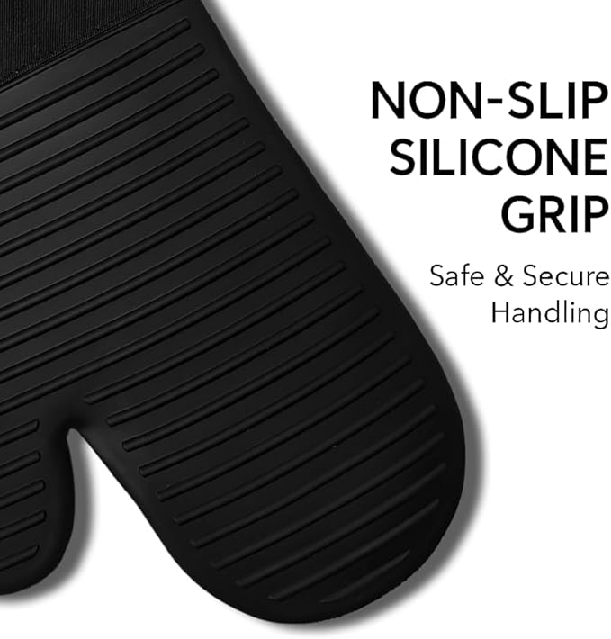 MittiHome™ Heat Resistant Oven Mitts (Set of 2) – 500°F Non-Slip Silicone Kitchen Gloves with Quilted Cotton Comfort (Black)