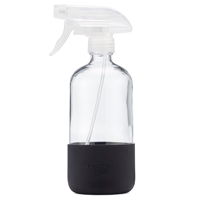 Clear Glass Spray Bottle with Silicone Sleeve for Cleaning Solutions, Essential Oils, Plants, Vinegar - 16 oz, Refillable, Food Safe (Rich Black)