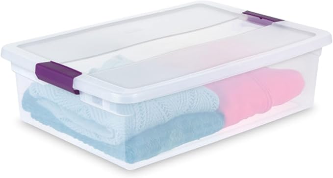 Sterilite 32 Qt ClearView Latch Storage Box, Stackable Bin with Latching Lid, Plastic Container to Organize Clothes Underbed, Clear Base, Lid, 6-Pack