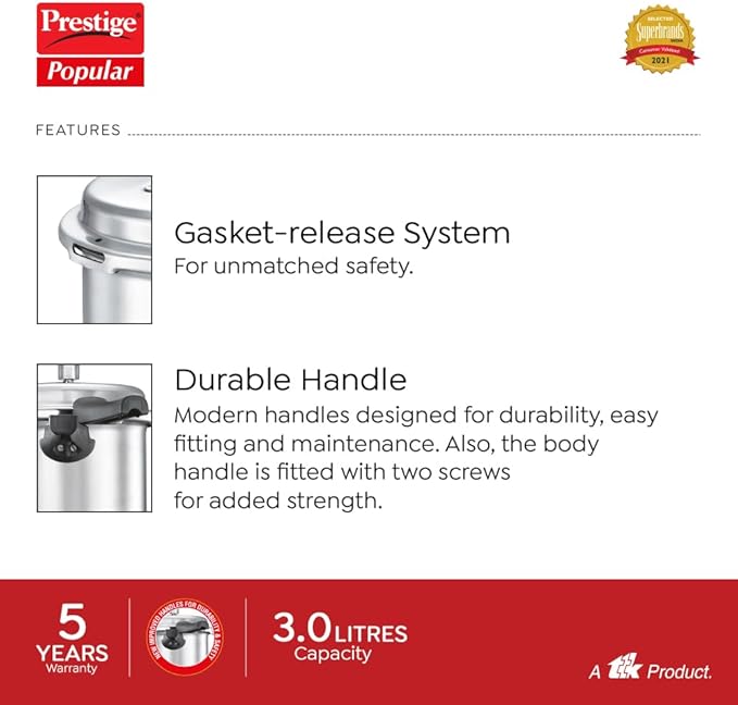 Prestige PRP3 Pressure Cooker, 3 Liter, Silver, Aluminum