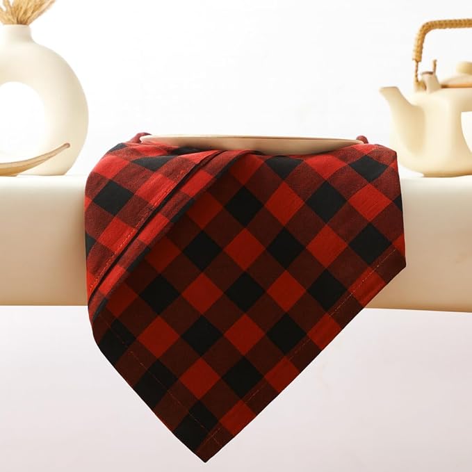 Cloth Napkins Set of 12, 100% Cotton Dinner Napkins 18x18 Inch, Soft Absorbent Gingham Check Napkin for Restaurant, Table Décor, Reusable Washable for Everyday Use - Red/Black