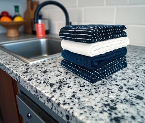 Oversized White Dark Navy Blue Kitchen Towels: 100% Cotton Soft Absorbent Assortment Ribbed Terry Loop, Set of 4 Multipurpose for Everyday Use (Navy Blue)