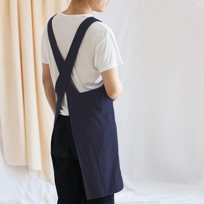 NEWGEM Japanese Cotton Linen Cross Back Cooking Apron for Women Men with Pockets Cute for Baking Kitchen