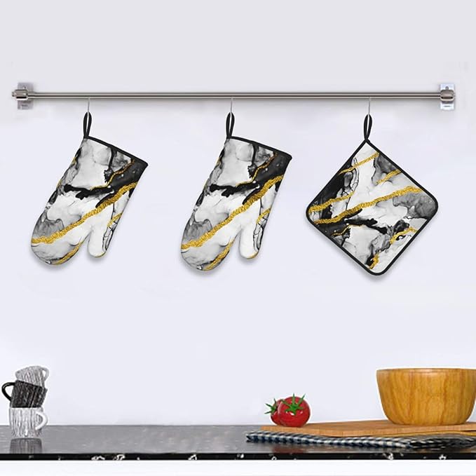 Black White Marble with Gold Stripes Oven Mitts and Pot Holders Set of 3, Non-Slip Heat Resistant Modern Abstract Art Hot Pads Kitchen Gloves for Cooking Grilling Baking, Gifts for Women, Home Decor