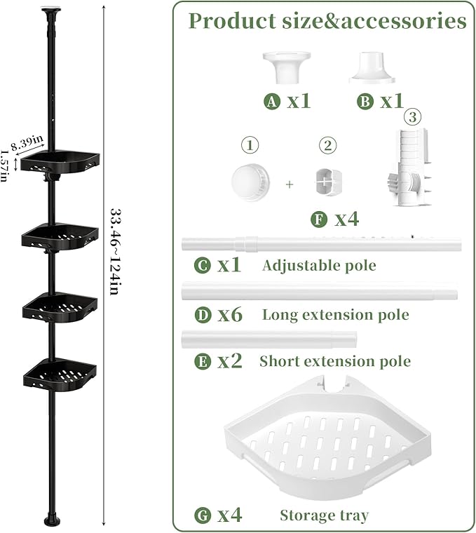 akinbas Tension Pole Shower Caddy Organizer with4 Tier L-Shaped Rust Resistant Bathroom Corner Shelves with 34-124 Inch Adjustable No Drilling Quick Install Shower Rack for Bath Essentials (Black)