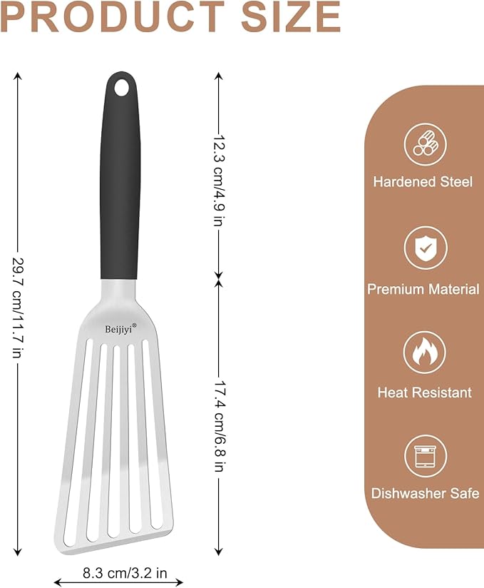 Beijiyi Fish Spatula, 11.7" Stainless Steel Slotted Turner with Silicone Handle, Metal Spatula for Cast Iron Skillet, Kitchen & Grilling Cooking Fish, Egg and Burger, Dishwasher Safe