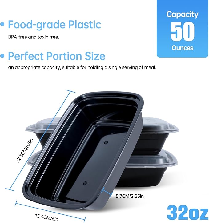 50 Pack (100-Piece) Meal Prep Containers Reusable 32oz,Plastic Food Storage Containers with Lids,Take Out Boxes,BPA-Free, Leakproof, Microwave, Dishwasher,Freezer Safe For To Go