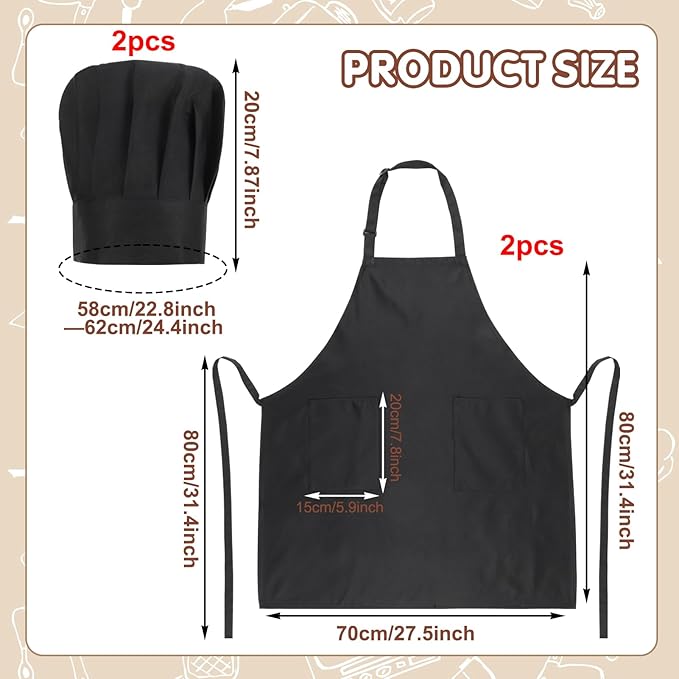 2 Pack Chef Apron and Hat, Adjustable High Cooking Apron Waterproof Kitchen Baking Apron Chef's Hat Christmas Gift